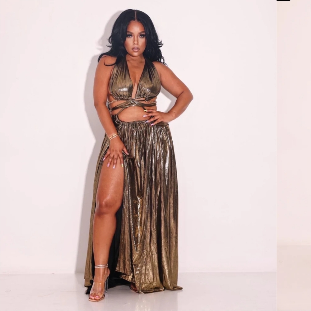 nichole lynel bronze metallic maxi dress sz m